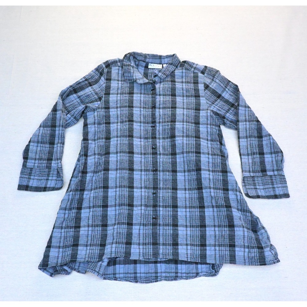 Habitat Womens M Cotton Tunic Blue Plaid Crinkle Button Up Swing Shirttail Hem